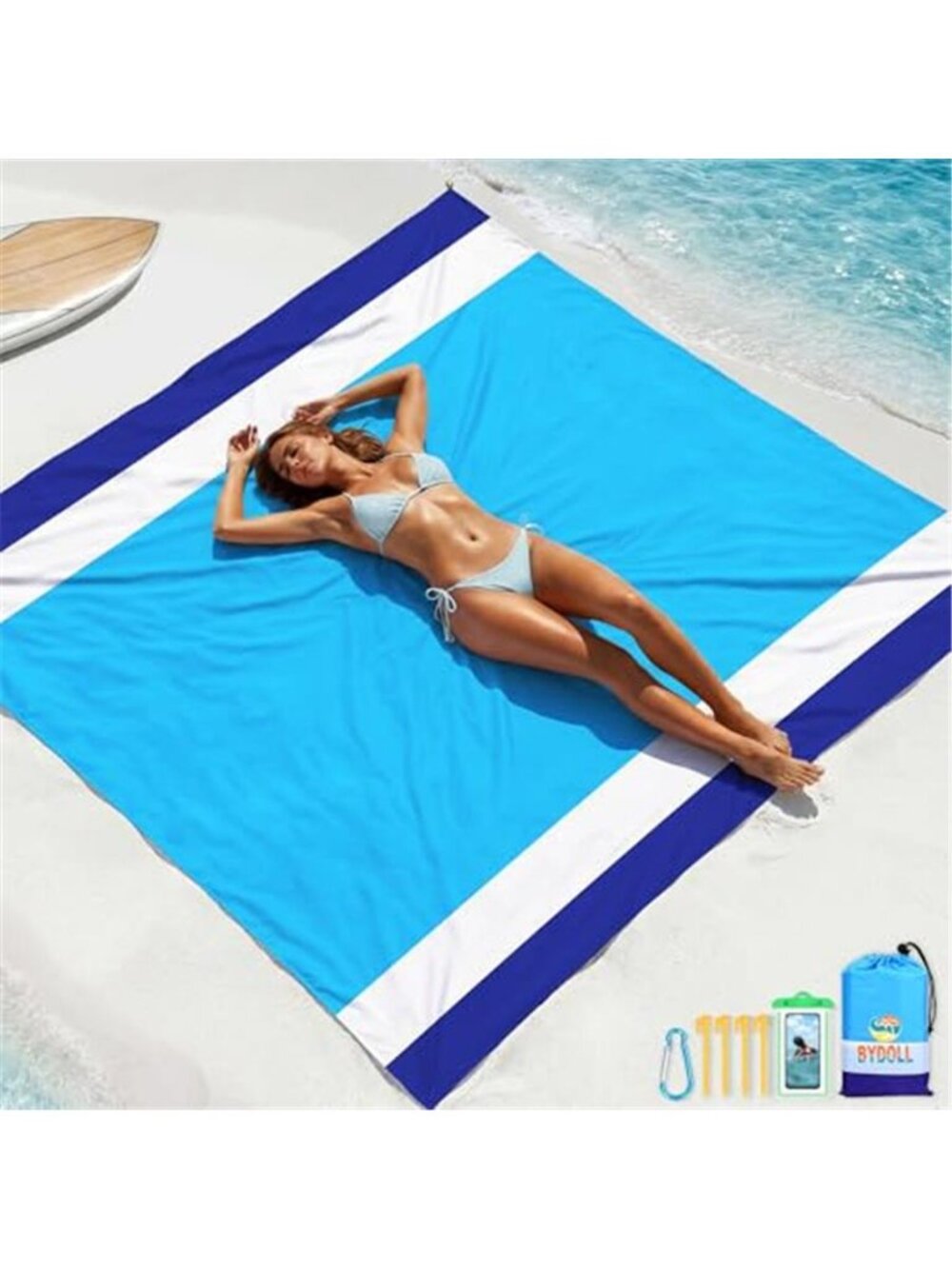 Oversized Beach Blanket Sandproof Waterproof Picnic Camping Mat White Blue